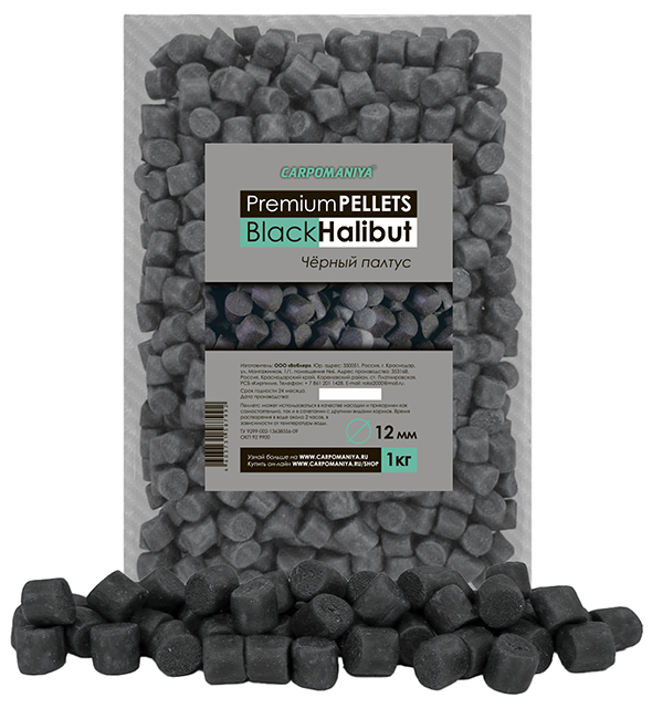 Пеллетс Premium Black Halibut 12мм (Карпомания), аромат палтус, 1кг