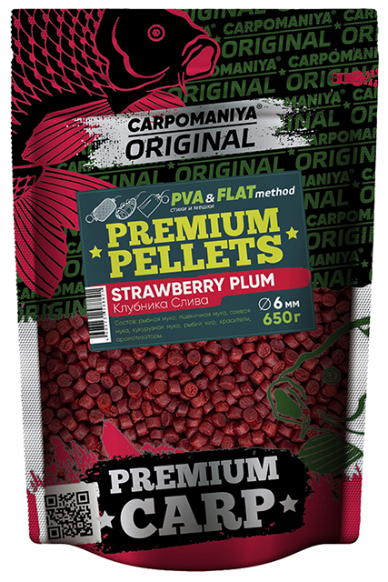 Пеллетс Premium 6мм STRAWBERRY+PLUM (Карпомания), аромат клубника+слива, 650г