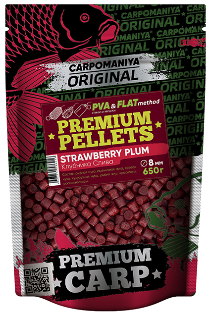 Пеллетс Premium 8мм STRAWBERRY+PLUM (Карпомания), аромат клубника+слива, 650г