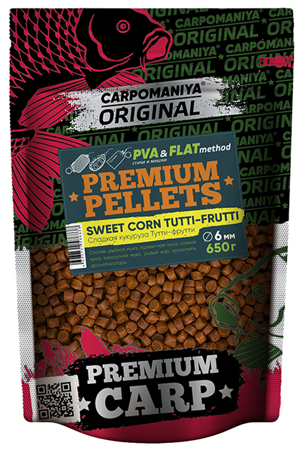 Пеллетс Premium 6мм SWEET CORN+TUTTI-FRUTTI (Карпомания), аромат кукуруза+тутти-фрутти, 650г