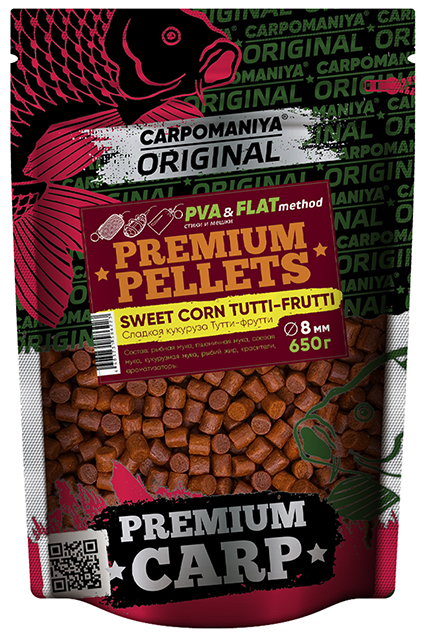 Пеллетс Premium 8мм SWEET CORN+TUTTI-FRUTTI (Карпомания), аромат кукуруза+тутти-фрутти, 650г