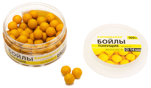 Бойлы 14мм тонущие АНАНАС (Карпомания), аромат ананас, 100г